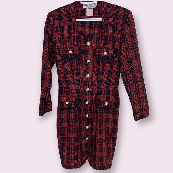 80s Vintage Black and Red Plaid Midi Dress Size Small - Picture 1 of 13